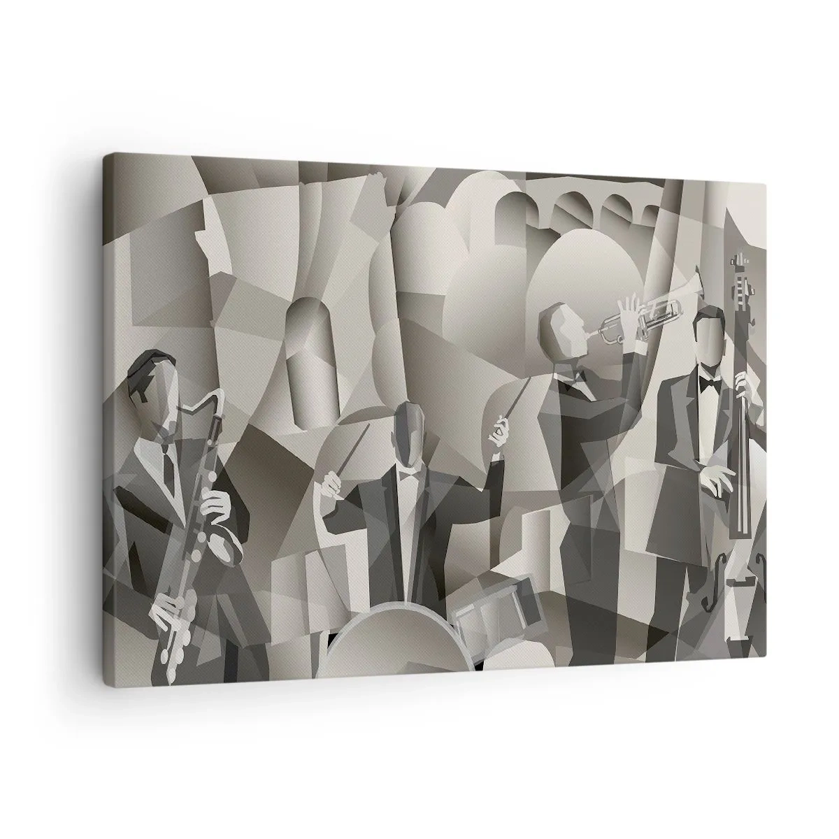 Obraz na plátne - Abstraktná scéna s jazzovými hudobníkmi v odtieňoch sivej. - 70x50cm - V priestore zvukov - Moderná nástenná dekorácia do obývacej izby a spálne ARTTOR