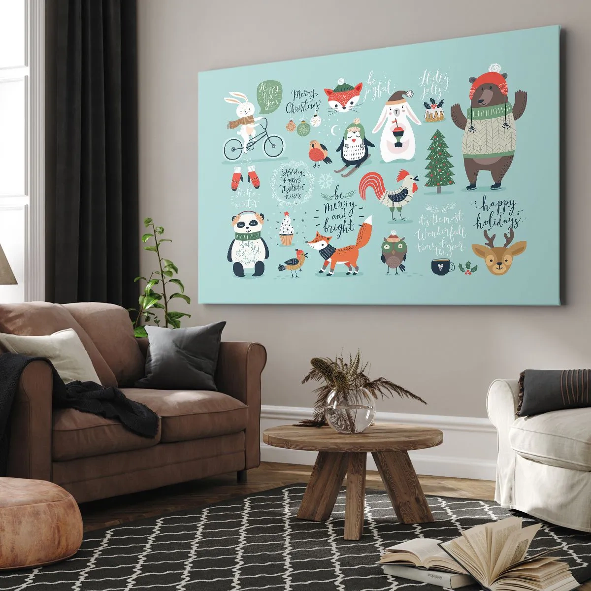 Obraz na plátne - Vianočná ilustrácia zvierat v zimnej atmosfére - 70x50cm - Nech sú vždy Vianoce! - Moderná nástenná dekorácia do obývacej izby a spálne ARTTOR