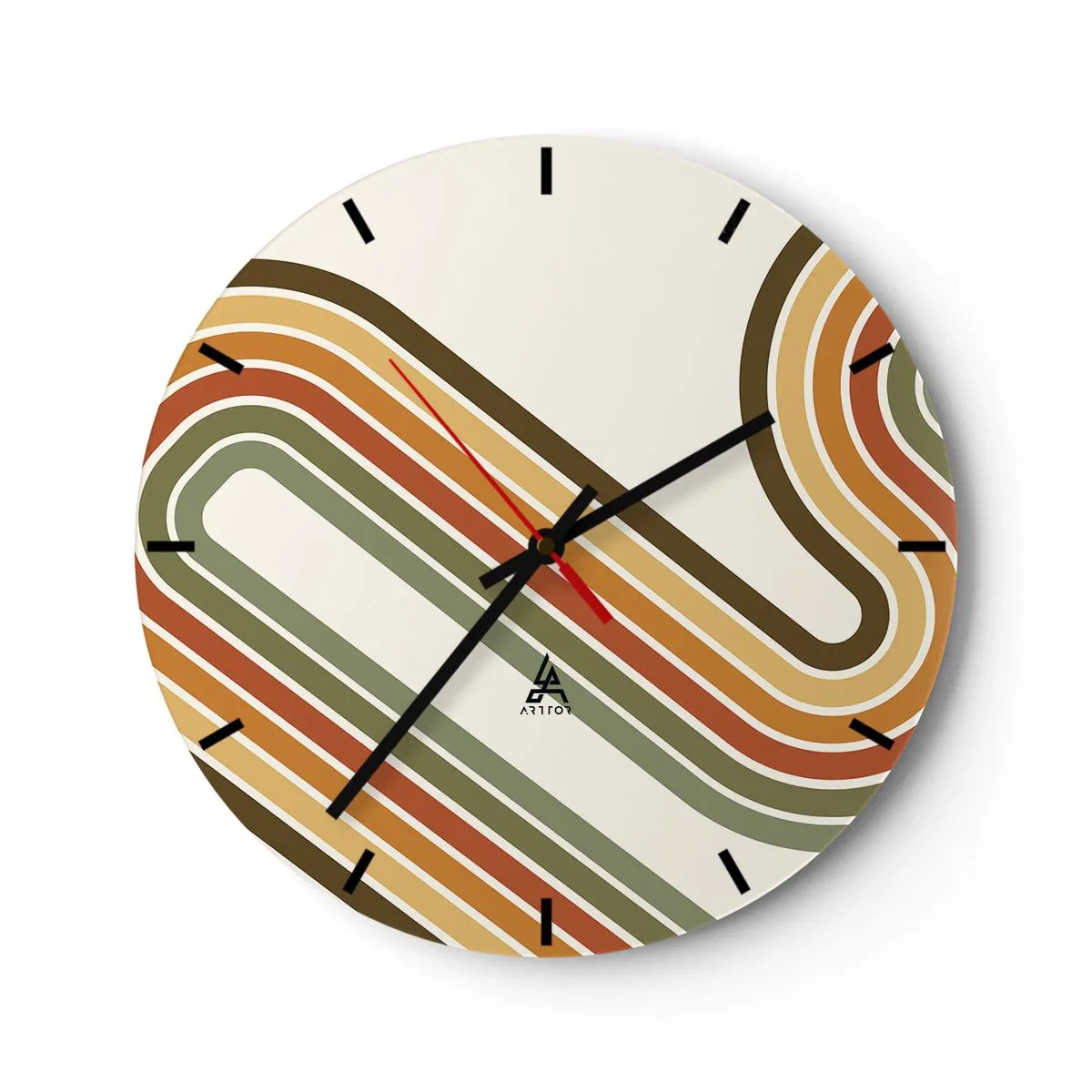 Nástenné hodiny - Geometrické čiary v retro farbách na svetlom pozadí - 30x30cm - Kľučkovanie do cieľa - Moderná nástenná dekorácia do obývacej izby, kuchyne a spálne ARTTOR