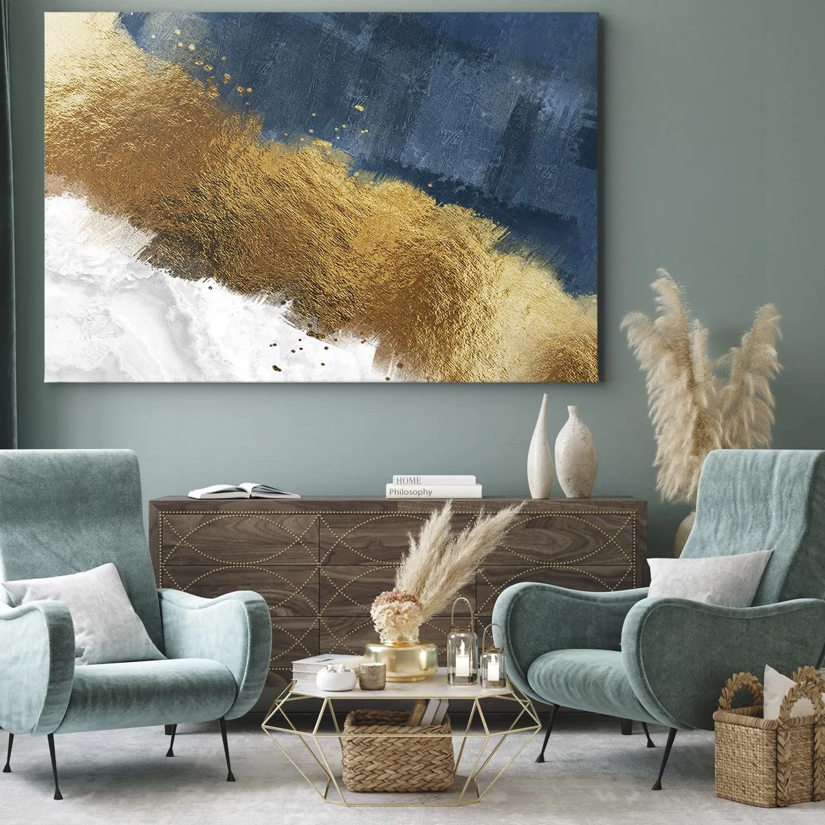 Obraz na plátne - Abstraktná kompozícia v odtieňoch zlatej, modrej a bielej. - 70x50cm - Farby leta - Moderná nástenná dekorácia do obývacej izby a spálne ARTTOR