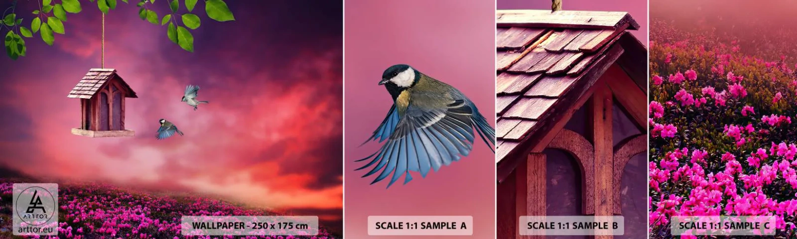 Vzorka samolepiacej fototapety Deluxe Sticker - Pozvanie na večeru - Krajina, Kvety, Vtáčia búdka - 100x30 cm