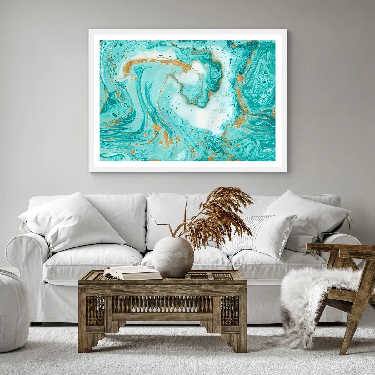 Plagát v bielom ráme - Pod veľkou vlnou z epochy Edo - 60x60 cm