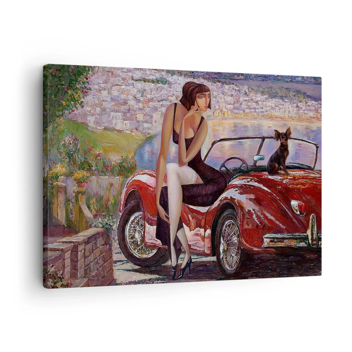 Obraz na plátne - Žena pri červenom aute s mestom v pozadí - 70x50cm - Leto? Len na Riviére - Moderná nástenná dekorácia do obývacej izby a spálne ARTTOR