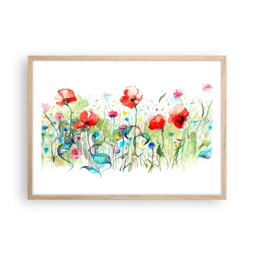 Plagát v ráme zo svetlého duba - Kvitnúca lúka v máji - 70x50 cm