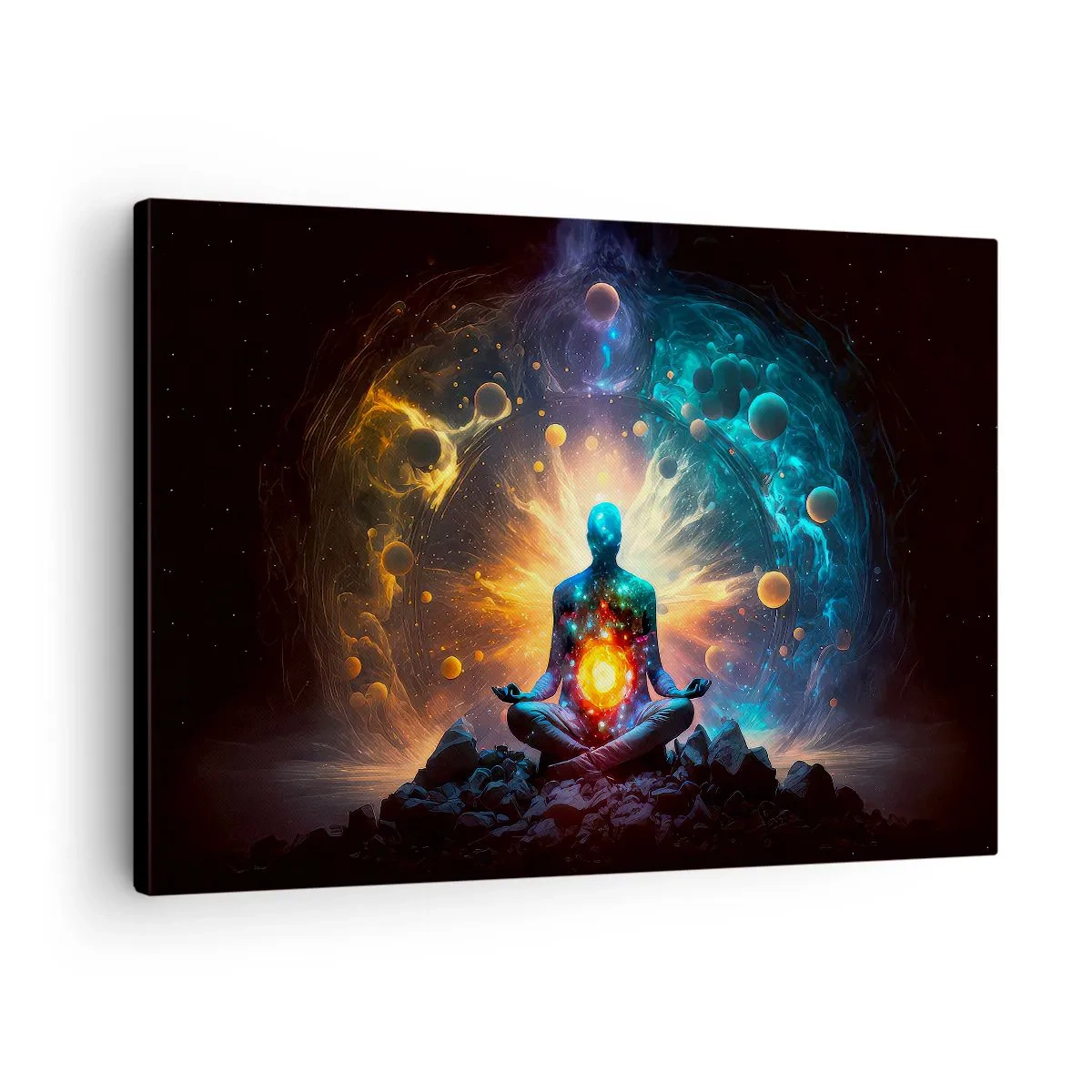 Obraz na plátne - Postava v meditácii obklopená kozmickou aurou - 70x50cm - Vesmírny pokoj - Moderná nástenná dekorácia do obývacej izby a spálne ARTTOR