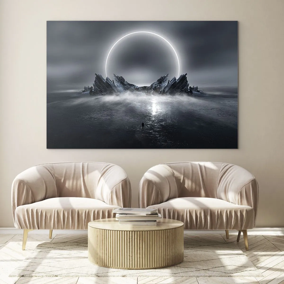 Obraz na skle - Tmavá scéna so zatmením a skalnatým ostrovom - 70x50cm - Finále príbehu - Moderná nástenná dekorácia do obývacej izby a spálne ARTTOR