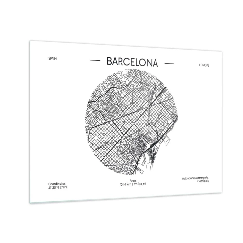 Obraz na skle - Minimalistická mapa Barcelony v čiernobielej estetike - 70x50cm - Anatómia Barcelony - Moderná nástenná dekorácia do obývacej izby a spálne ARTTOR