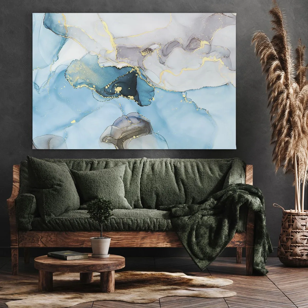 Obraz na plátne - Abstrakcia v odtieňoch modrej a zlatej s jemnými líniami - 70x50cm - Štúdia o stretnutí šedej a tyrkysovej - Moderná nástenná dekorácia do obývacej izby a spálne ARTTOR