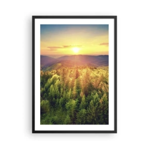 Plagát v čiernom ráme - Západ slnka nad hornatým lesom plným zelene - 50x70cm - Vrcholky a vrcholy - Moderná nástenná dekorácia do obývacej izby a spálne ARTTOR