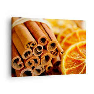 Obraz na plátne - Škoricové tyčinky so sušenými plátkami pomaranča v teplých farbách - 70x50cm - Cítite ich arómu? - Moderná nástenná dekorácia do obývacej izby a spálne ARTTOR