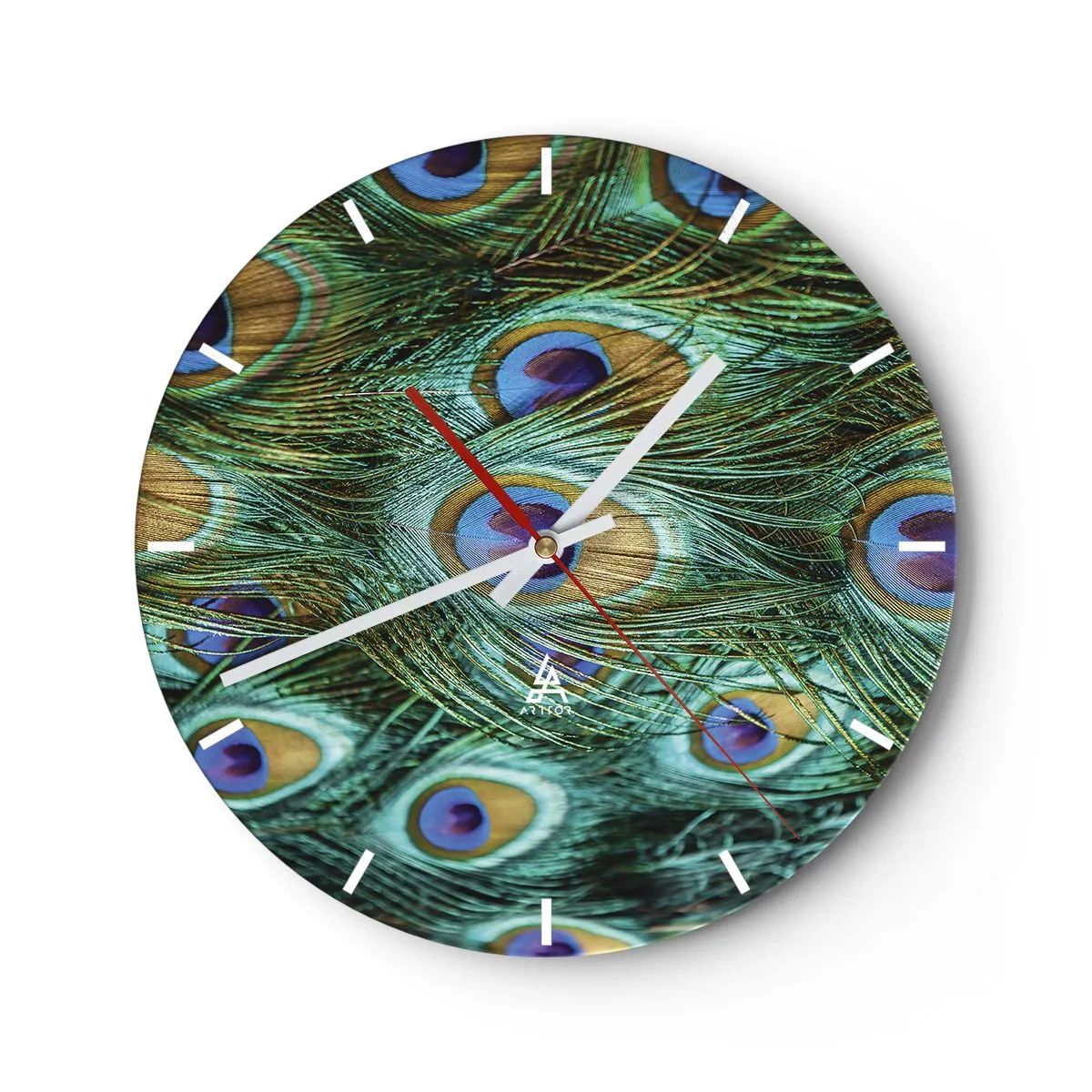 Nástenné hodiny - Pávie perie v odtieňoch zelenej a modrej - 30x30cm - Páví pohľad - Moderná nástenná dekorácia do obývacej izby, kuchyne a spálne ARTTOR