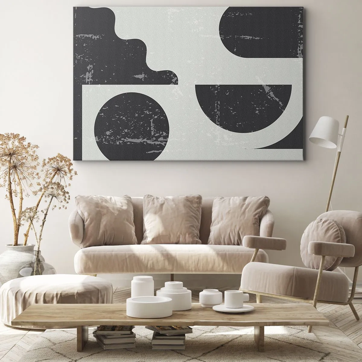 Obraz na plátne - Geometrické vzory v odtieňoch čiernej a sivej - 70x50cm - Kompozícia nad a pod - Moderná nástenná dekorácia do obývacej izby a spálne ARTTOR