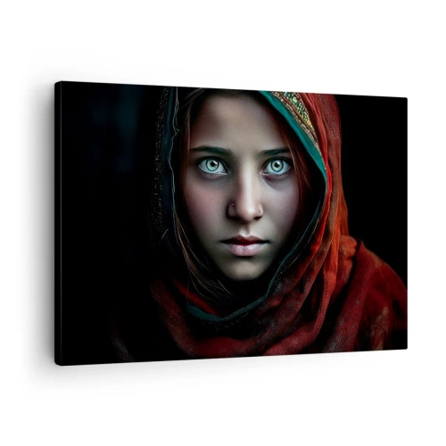 Obraz na plátne - Portrét ženy s intenzívnym pohľadom v teplých farbách - 70x50cm - Východná princezná - Moderná nástenná dekorácia do obývacej izby a spálne ARTTOR