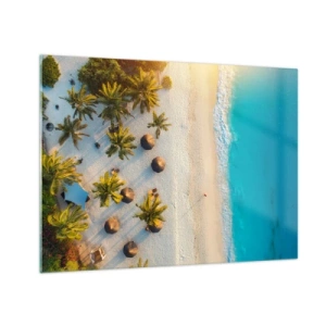 Obraz na skle - Letecký pohľad na tropickú pláž s palmami a slnečníkmi - 70x50cm - Vitaj v raji - Moderná nástenná dekorácia do obývacej izby a spálne ARTTOR