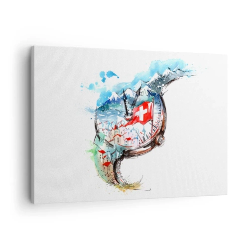 Obraz na plátne - Akvarelová krajina Švajčiarska v hodinovom dizajne - 70x50cm - Duch Švajčiarska - Moderná nástenná dekorácia do obývacej izby a spálne ARTTOR