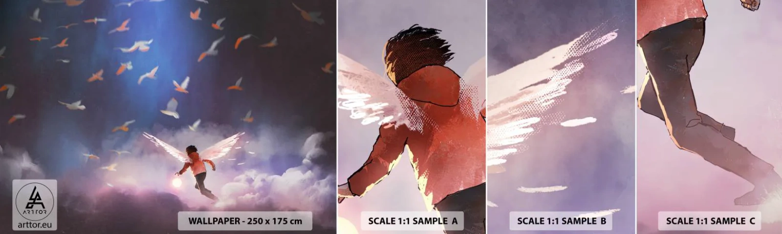 Vzorka samolepiacej fototapety Deluxe Sticker - Treba mať odvahu a predstavivosť - Abstrakcia, Fantázia, Ikar - 100x30 cm