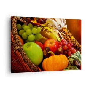 Obraz na plátne - Košík s ovocím, tekvicami a kukuricou na pozadí jesenných farieb. - 70x50cm - Košík úrody - Moderná nástenná dekorácia do obývacej izby a spálne ARTTOR