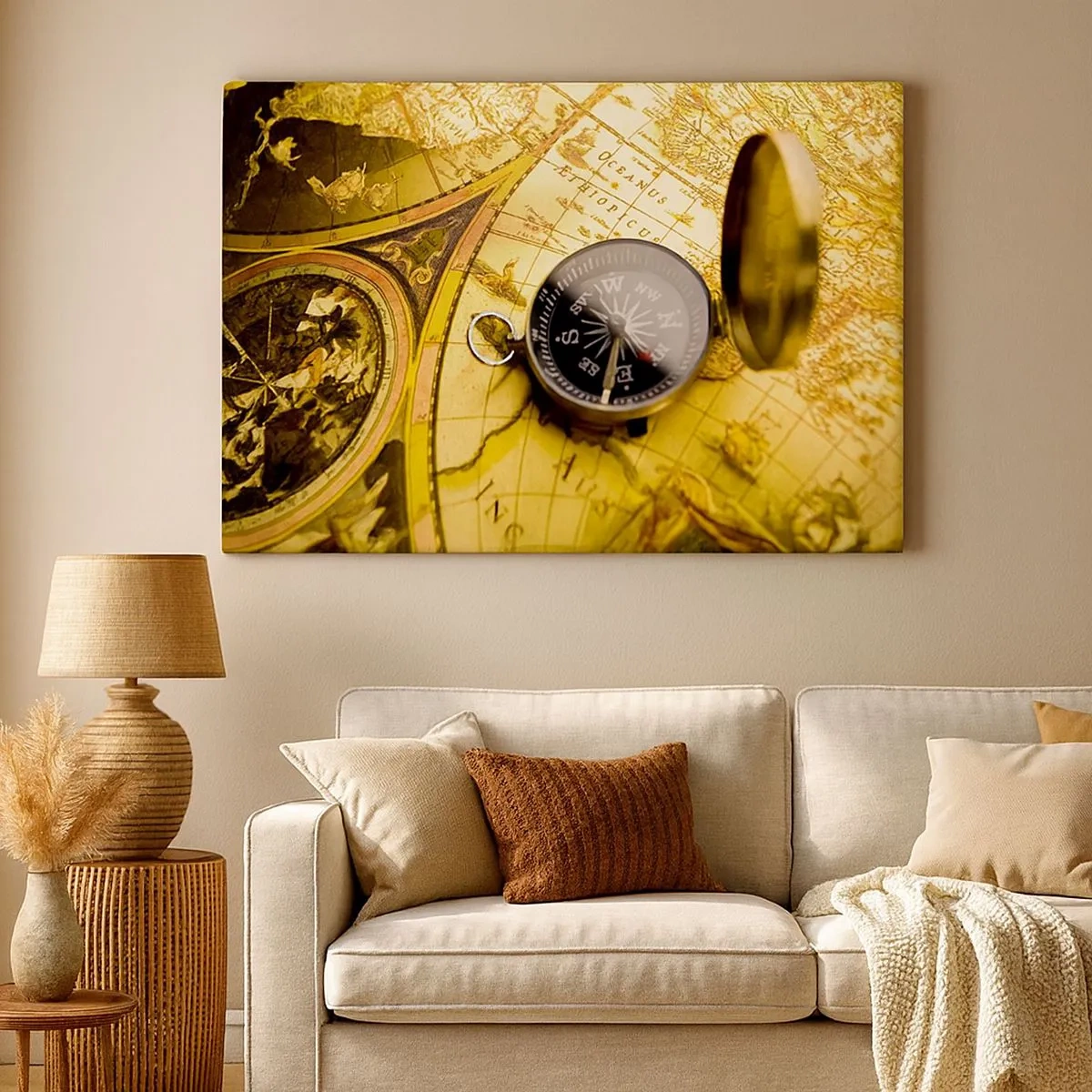 Obraz na plátne - Starožitný kompas na pozadí starej mapy sveta - 70x50cm - Čo tak na koniec sveta? - Moderná nástenná dekorácia do obývacej izby a spálne ARTTOR
