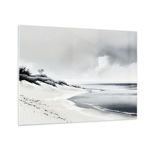 Obraz na skle - Čiernobiela pláž s horizontom a pokojným morom - 70x50cm - Vždy spolu - Moderná nástenná dekorácia do obývacej izby a spálne ARTTOR