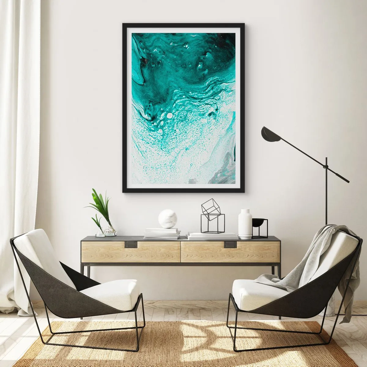 Plagát v čiernom ráme - Abstraktný vzor v tyrkysovej a bielej farbe - 50x70cm - Prepadnúť sa v bielej a tyrkysovej - Moderná nástenná dekorácia do obývacej izby a spálne ARTTOR