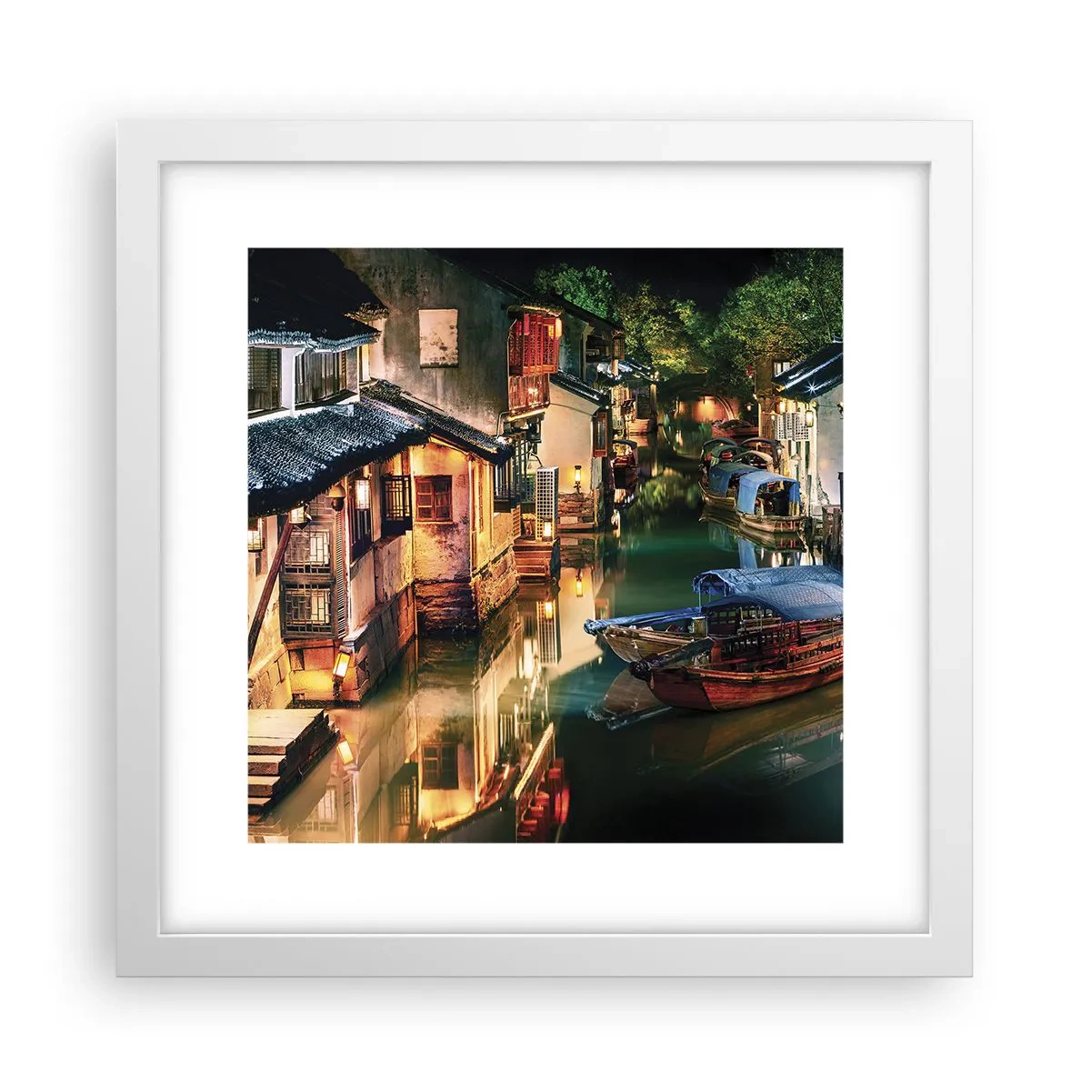 Plagát v bielom ráme - Večer na čínskej ulici - 30x30 cm