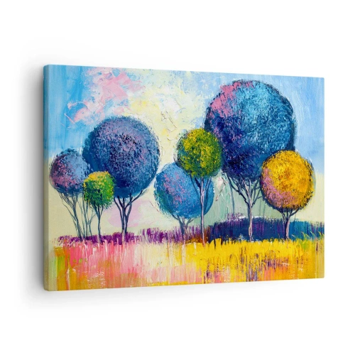 Obraz na plátne - Farebné guľovité stromy na pozadí krajiny - 70x50cm - Guľa - tvar ideálu - Moderná nástenná dekorácia do obývacej izby a spálne ARTTOR