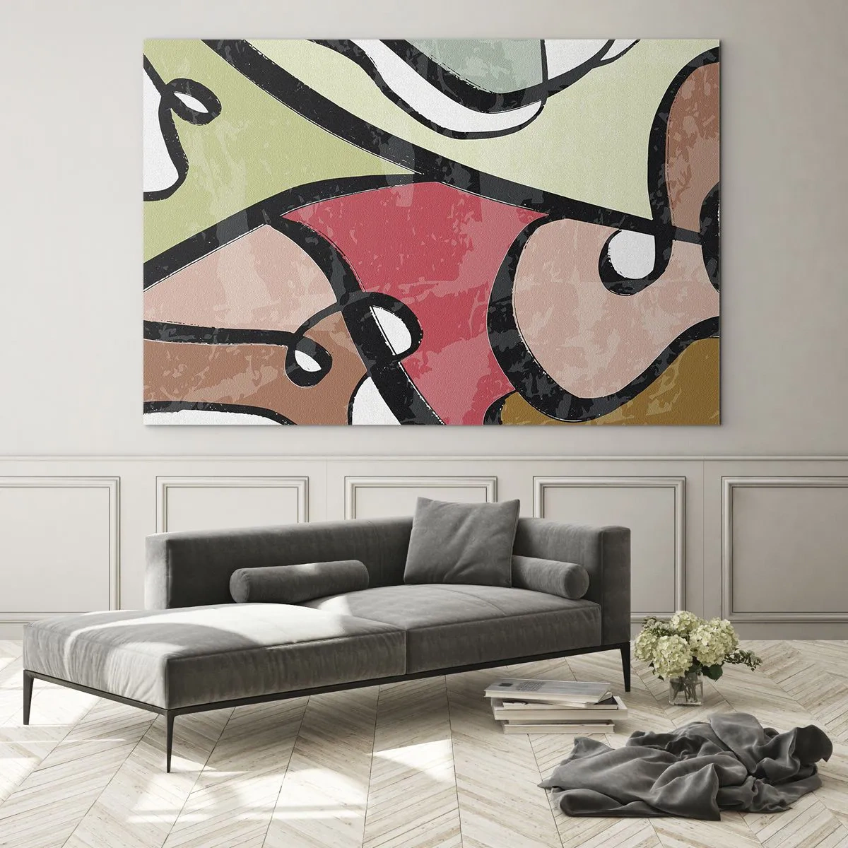 Obraz na skle - Farebná abstrakcia s čiernymi čiarami - 70x50cm - Piruety uprostred farieb - Moderná nástenná dekorácia do obývacej izby a spálne ARTTOR