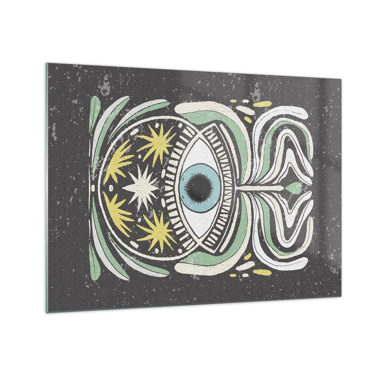 Obraz na skle - Grafické oko s kmeňovou ornamentikou na tmavom pozadí - 70x50cm - Kmeňové rituály - Moderná nástenná dekorácia do obývacej izby a spálne ARTTOR
