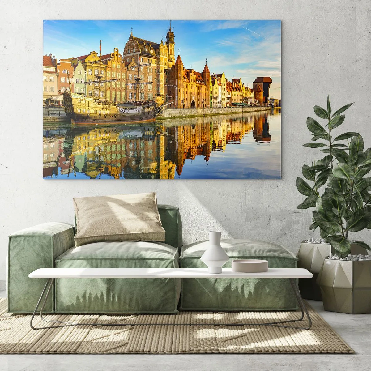 Obraz na skle - Staré Mesto Gdanska s odrazom vo vode - 70x50cm - Zrkadlový odraz minulosti - Moderná nástenná dekorácia do obývacej izby a spálne ARTTOR