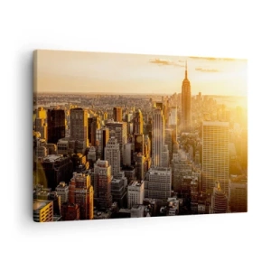 Obraz na plátne - Panoráma New Yorku pri západe slnka s výhľadom na Empire State Building - 70x50cm - Rast na slnku - Moderná nástenná dekorácia do obývacej izby a spálne ARTTOR