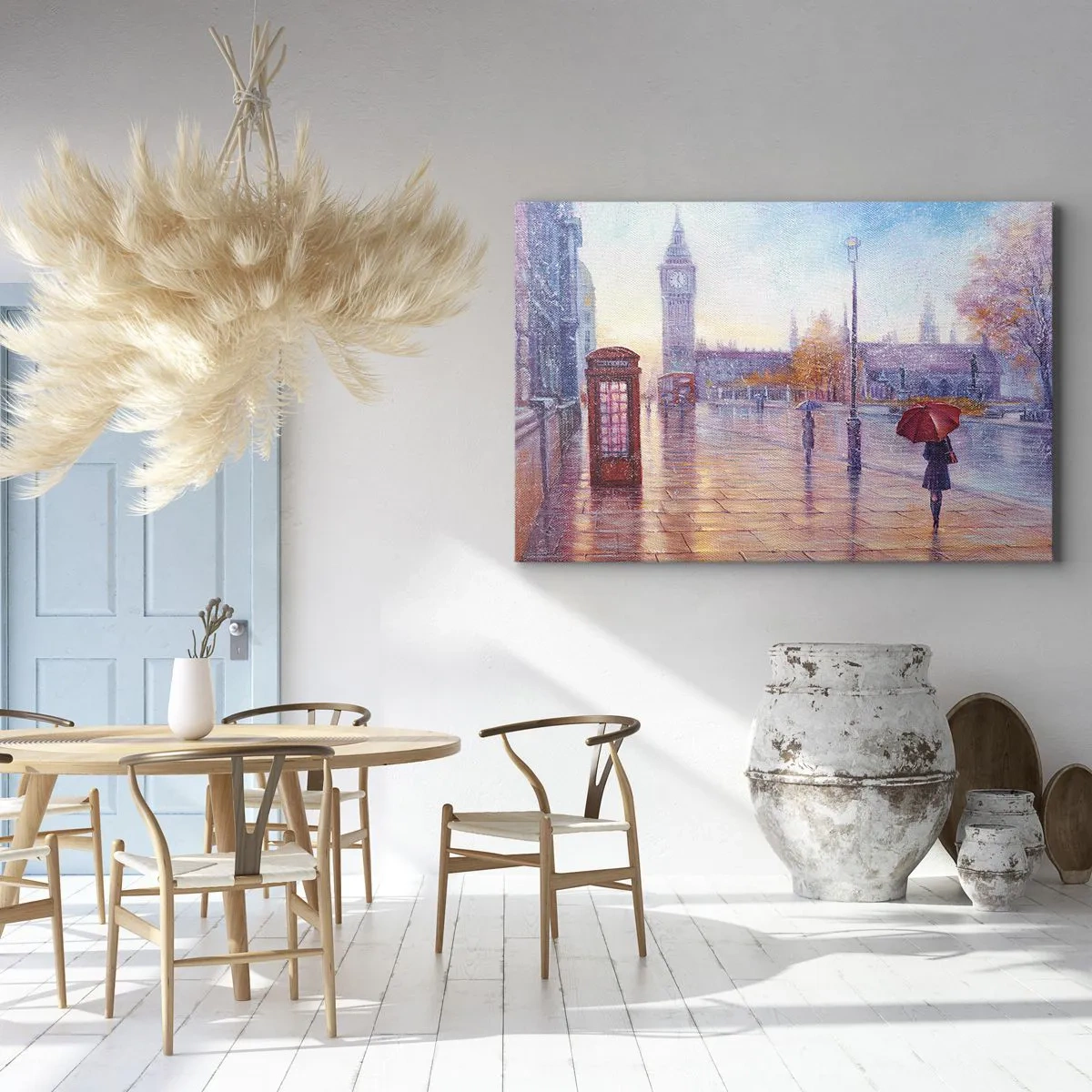Obraz na plátne - Londýnska ulica s Big Benom v daždivý deň - 70x50cm - Londýnsky jesenný deň - Moderná nástenná dekorácia do obývacej izby a spálne ARTTOR