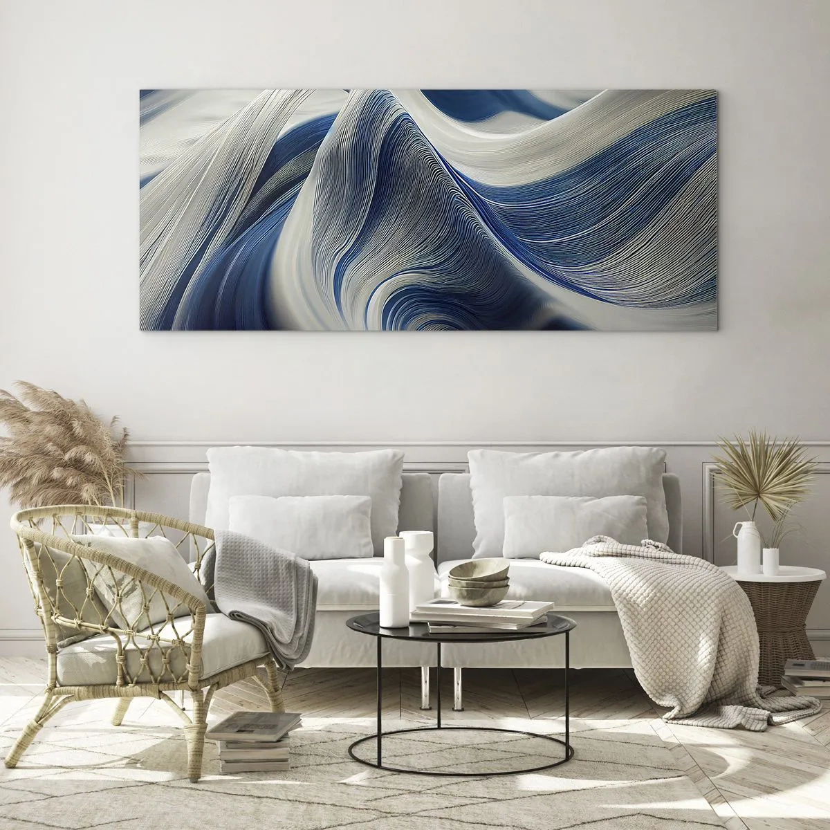 Obraz na skle - Plynulosť modrej a bielej - 100x40 cm