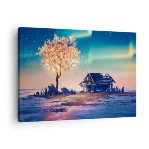 Obraz na plátne - Dom a kvitnúci strom pod nočnou oblohou - 70x50cm - Príroda neskončí - Moderná nástenná dekorácia do obývacej izby a spálne ARTTOR