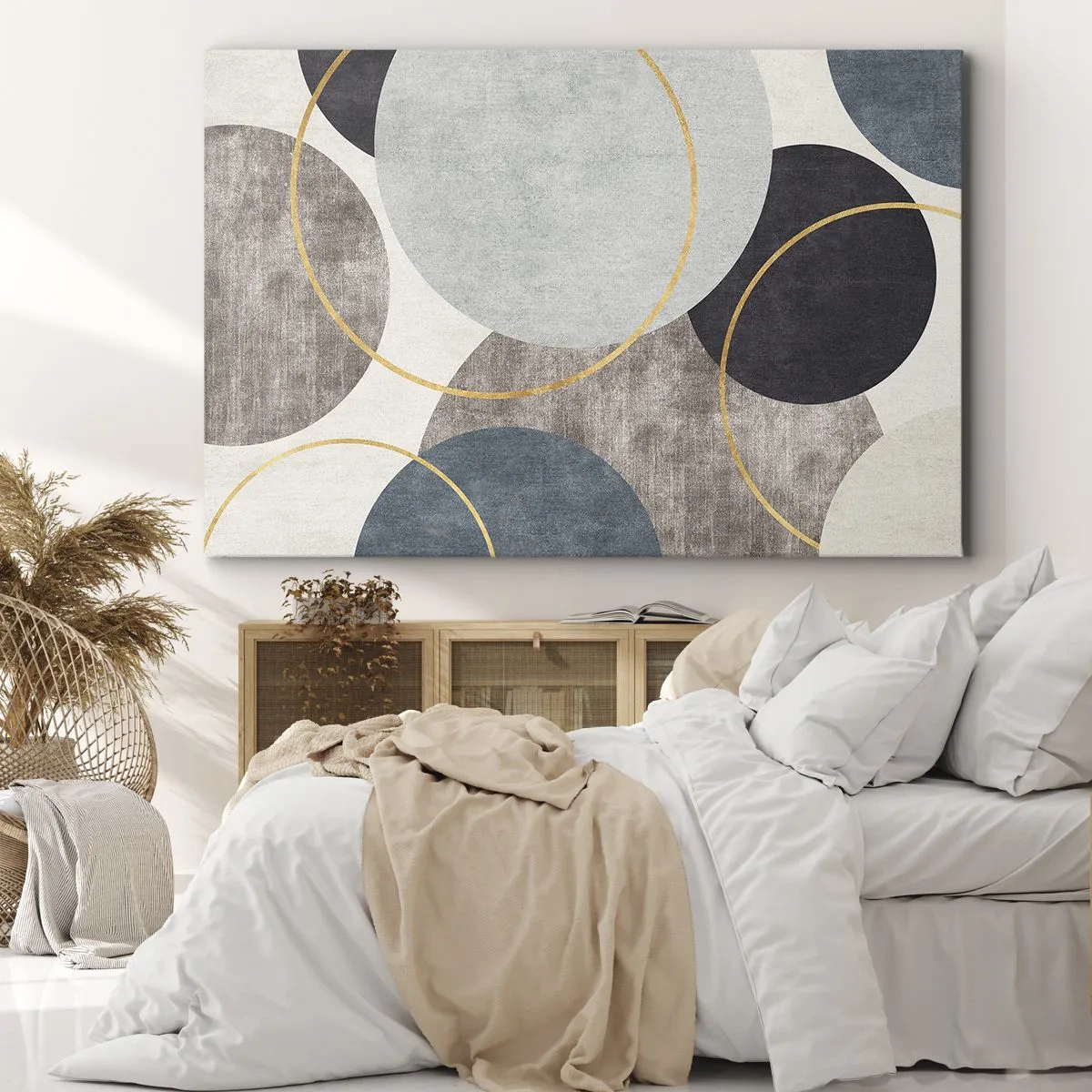 Obraz na plátne - Geometrické kruhy v odtieňoch sivej, modrej a zlatej - 70x50cm - Kruh za kruhom - Moderná nástenná dekorácia do obývacej izby a spálne ARTTOR
