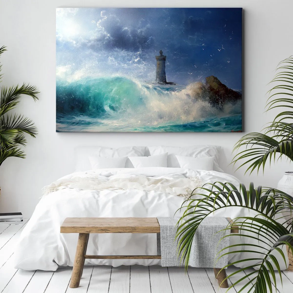 Obraz na plátne - Maják obklopený rozbúrenými vlnami a oblakmi - 70x50cm - Na stráži proti živlom - Moderná nástenná dekorácia do obývacej izby a spálne ARTTOR