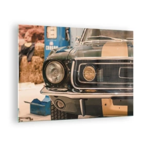 Obraz na skle - Detailný pohľad na klasické auto Mustang v dielni - 70x50cm - Stretnutie s legendou - Moderná nástenná dekorácia do obývacej izby a spálne ARTTOR