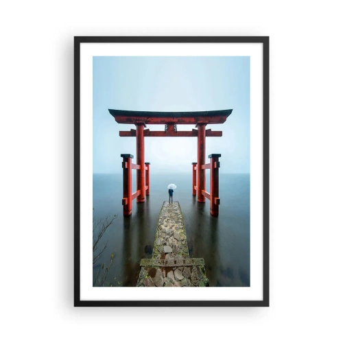 Plagát v čiernom ráme - Červené torii na pozadí pokojnej vody a oblohy - 50x70cm - Japonské zamyslenie - Moderná nástenná dekorácia do obývacej izby a spálne ARTTOR