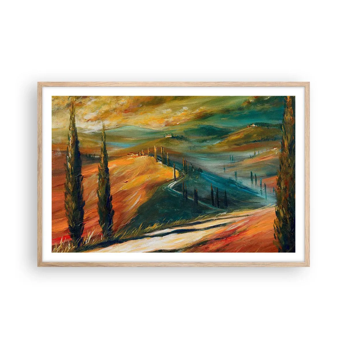 Plagát v ráme zo svetlého duba - Toskánska krajina - 91x61 cm