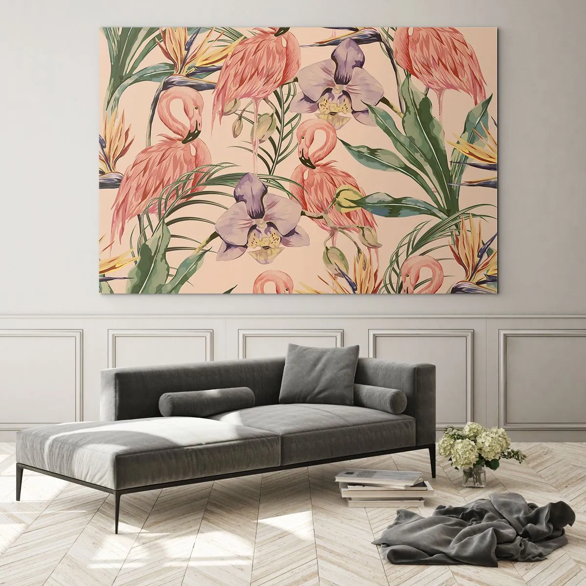 Obraz na skle - Plameniaky obklopené tropickými kvetmi a rastlinami - 70x50cm - Ružový balet v kvetoch - Moderná nástenná dekorácia do obývacej izby a spálne ARTTOR