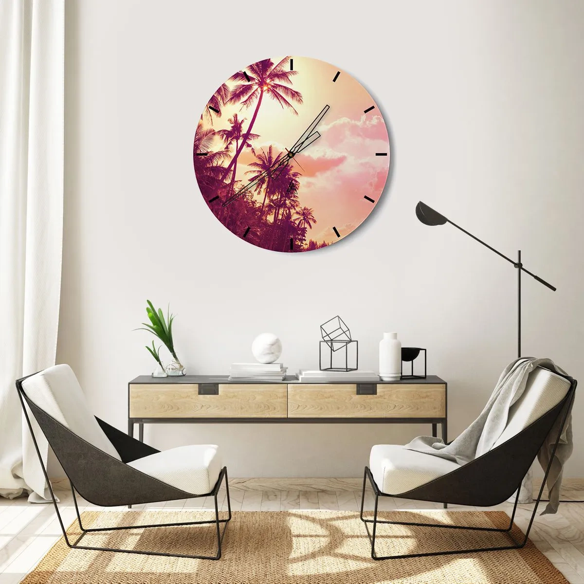 Nástenné hodiny - Palmy proti oblohe pri západe slnka - 30x30cm - Musíš si vybrať - Moderná nástenná dekorácia do obývacej izby, kuchyne a spálne ARTTOR