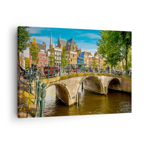 Obraz na plátne - Malebný kanál s mostom v Amsterdame - 70x50cm - Jar pri kanáli - Moderná nástenná dekorácia do obývacej izby a spálne ARTTOR