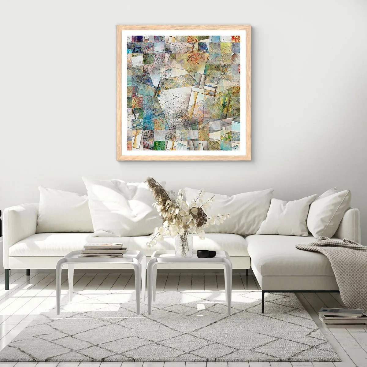 Plagát v ráme zo svetlého duba - Geometrické preskupenie - 40x40 cm