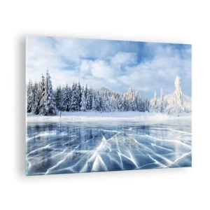 Obraz na skle - Zamrznuté jazero obklopené zimným lesom - 70x50cm - Oslnivý a kryštalický pohľad - Moderná nástenná dekorácia do obývacej izby a spálne ARTTOR