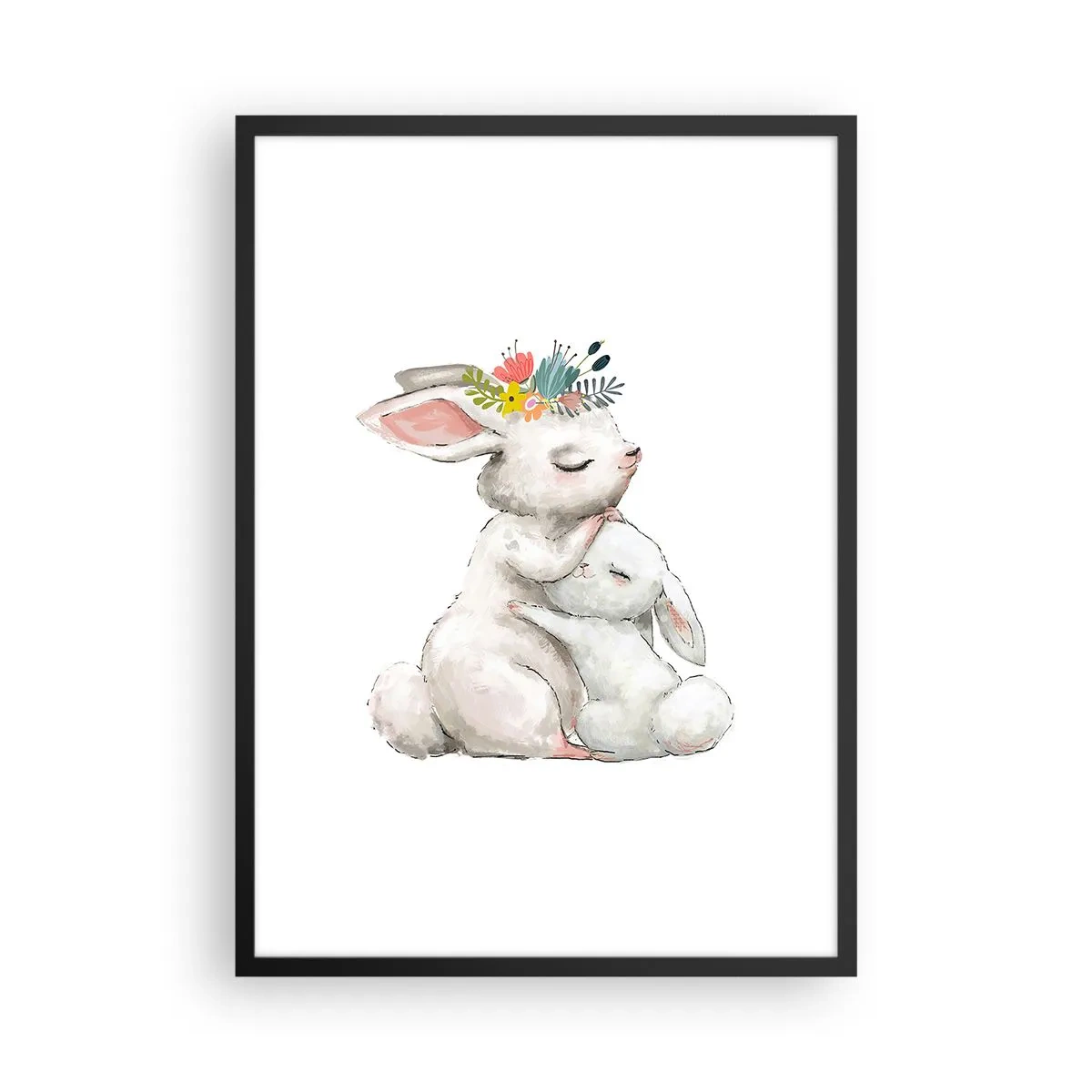 Plagát v čiernom ráme - Dvaja zajačici v objatí s kvetinovým vencom na hlavách - 50x70cm - Najlepšie je u mamy - Moderná nástenná dekorácia do obývacej izby a spálne ARTTOR