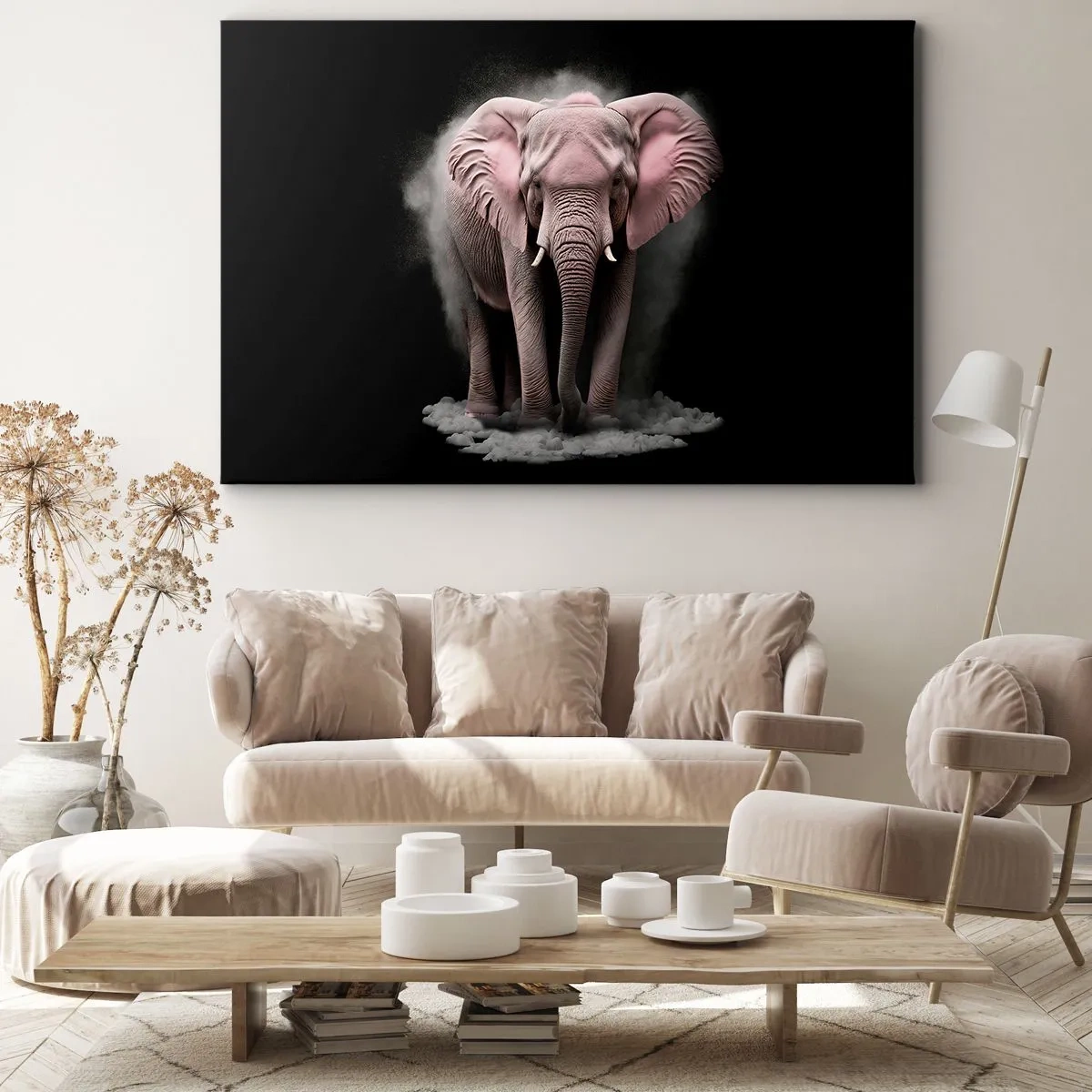 Obraz na plátne - Umelecké poňatie ružového slona na čiernom pozadí - 70x50cm - Nemysli na ružového slona! - Moderná nástenná dekorácia do obývacej izby a spálne ARTTOR