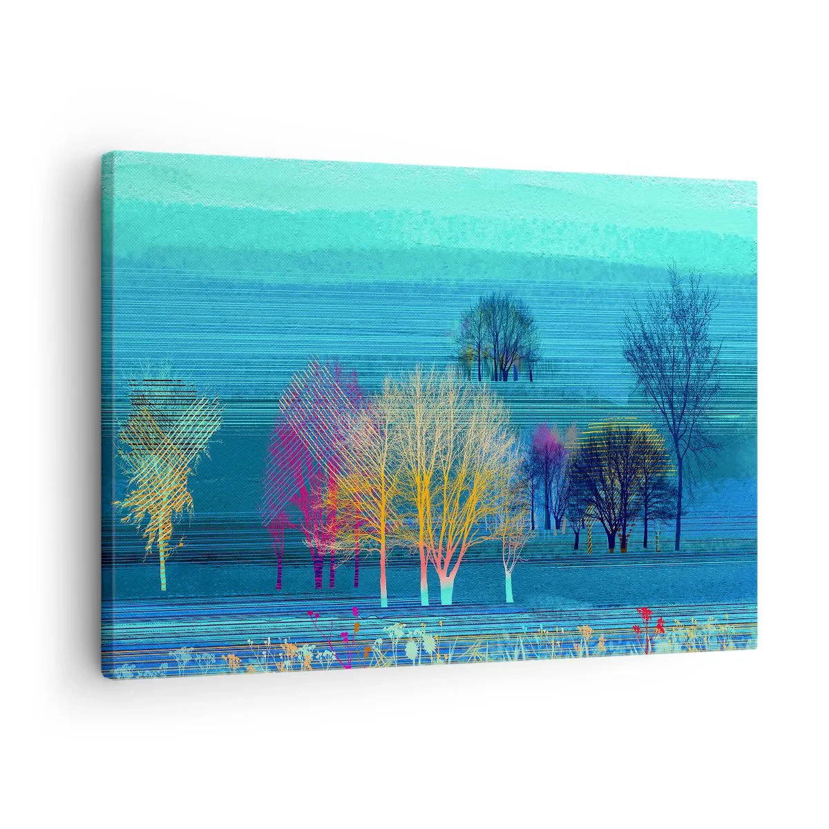 Obraz na plátne - Farebné stromy na pozadí modrej, minimalistickej krajiny - 70x50cm - Fantastická krajina - Moderná nástenná dekorácia do obývacej izby a spálne ARTTOR