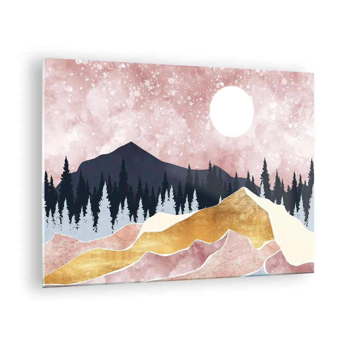 Obraz na skle - Hory a lesy v mesačnom svite proti ružovej oblohe - 70x50cm - Nočná hliadka - Moderná nástenná dekorácia do obývacej izby a spálne ARTTOR