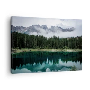 Obraz na plátne - Horská krajina s lesom a jazerom odrážajúcim oblohu - 70x50cm - Ticho, ticho, neprebuďme spiacu vodu…. - Moderná nástenná dekorácia do obývacej izby a spálne ARTTOR