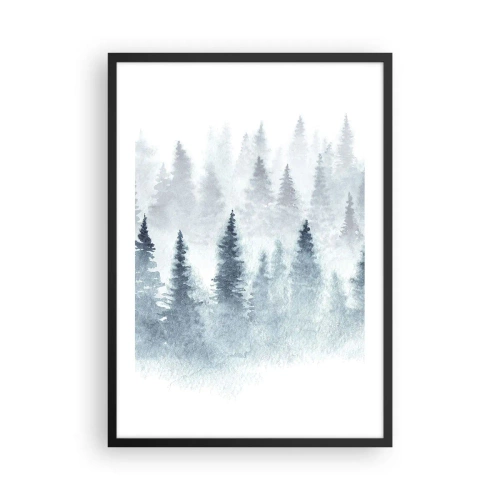 Plagát v čiernom ráme - Akvarelová krajina s lesom v hmle - 50x70cm - Zahalené hmlou - Moderná nástenná dekorácia do obývacej izby a spálne ARTTOR