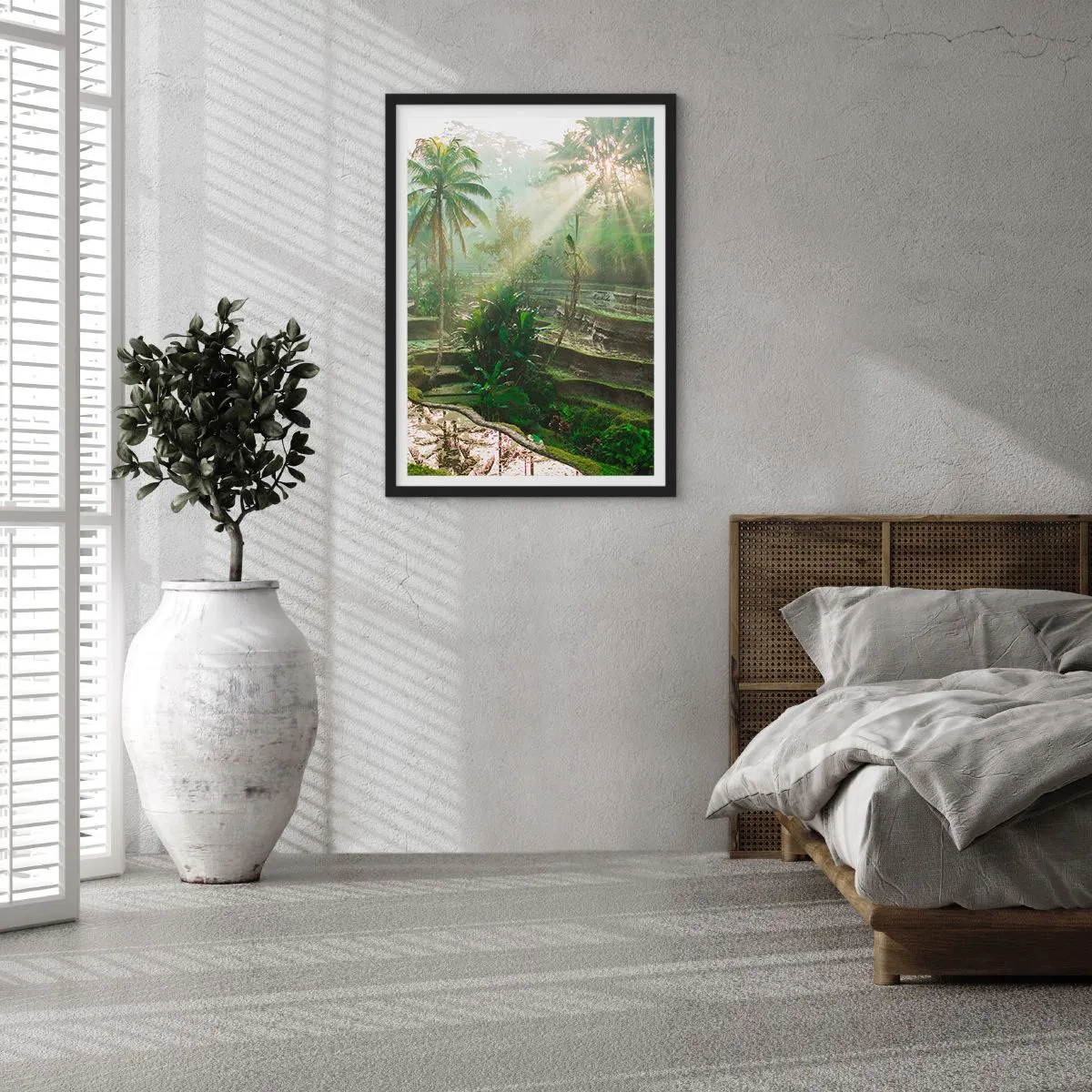 Plagát v čiernom ráme - Tropická krajina s ryžovými terasami a slnečným žiarením - 50x70cm - Vyrastať na slnku - Moderná nástenná dekorácia do obývacej izby a spálne ARTTOR